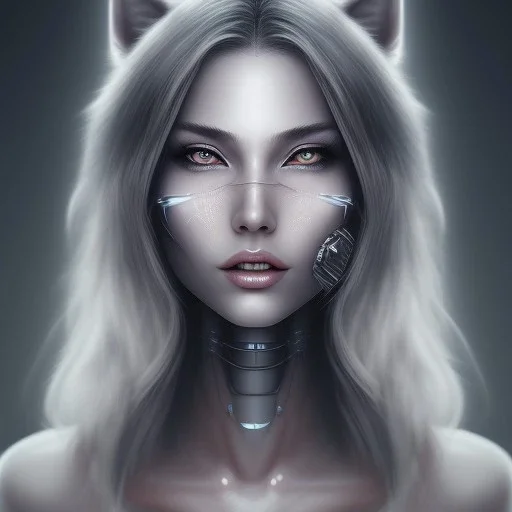 Shane, female grey wolf cybernetic eye, smile, high detail, full body shot, photorealistic, ultra realistic, hyper realism, vibrant