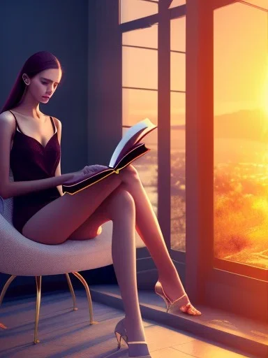 Beautiful, thin young woman, Arab home clothes, wavy hair, sitting on an office chair, reading a novel, next to a window, outside the window is sunset , 8k, finely detailed, photo realistic, cinematic