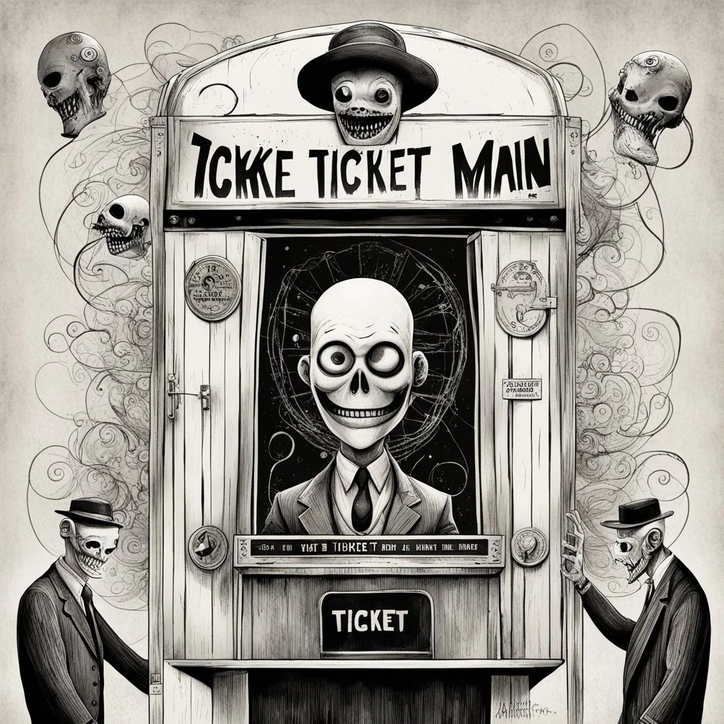 "THE TICKET MAN", Modern movie poster art, surreal cosmic horror tale about the Ticket Man who is a haunted animatronic dummy trapped in a glass carnival ticket booth, black-white-burnt_sienna color scheme, creepy, ink illustration, weirdcore, art from beyond, dramatic, poster art masterpiece, by Gabriel Pacheco and Anton Semenov