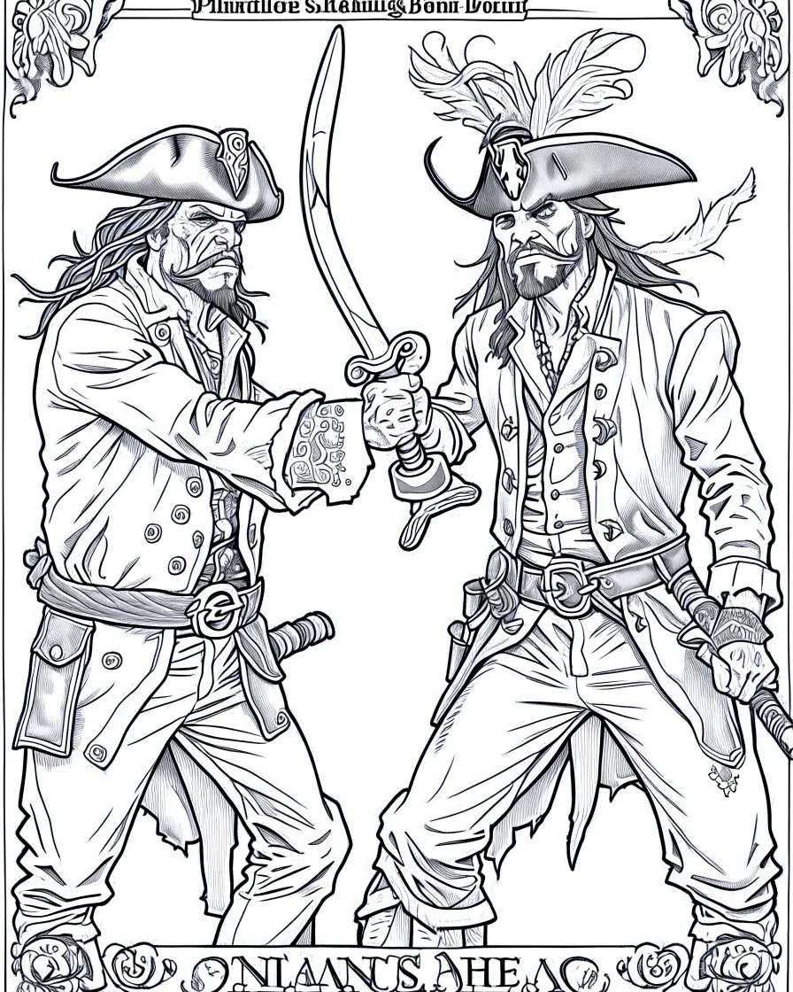 Pirates of the Caribbean: Dueling Pirates Coloring Challenge: Create an action-packed coloring page inspired by the Pirates of the Caribbean movie, featuring a dramatic scene with two pirates engaged in a thrilling sword duel. Capture the intensity of the battle with dynamic poses and expressions, providing ample space for young artists to color the characters and their surroundings in black and white. This coloring challenge invites kids to infuse their creativity into the high-stakes world of