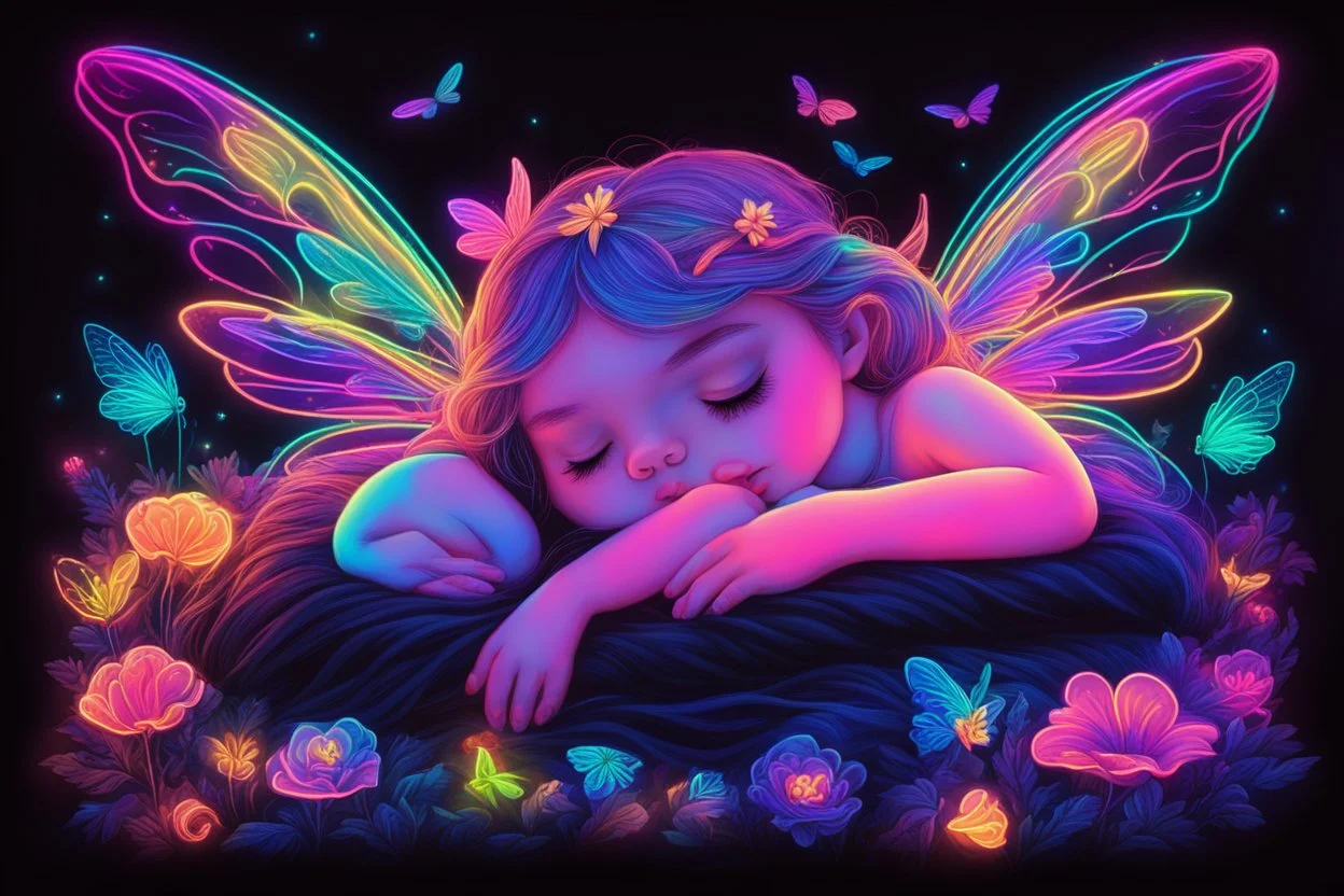 black light art neon colors cute sleeping fairy