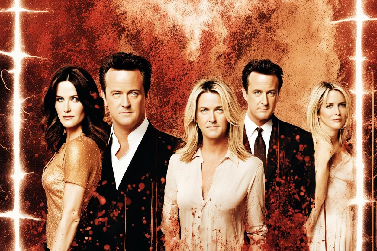 double exposure photo of Matthew Perry as Chandler Bing on TV show "Friends'" set, other castmates Courtney Cox Jennifer Anniston Kudrow Schwimmer Leblanc in background, by Andreas_Lie and Dan_Mountford, ambient lighting, gold and crimson particles, dreamy vapor, nostalgic, moody