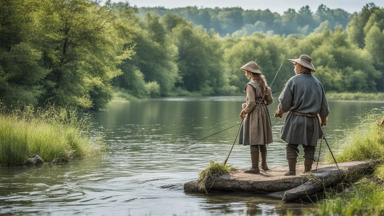 A fisherman fishing on the river with a rod next to his daughter in the Middle Ages