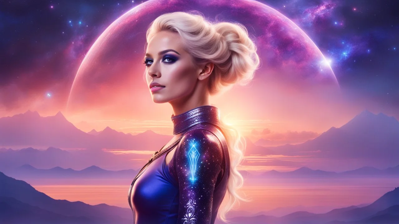 Full body portrait of a peaceful ((smiling)) gorgeous blonde Goddess of the galaxies with a blue indigo purple skin, high skul, luminous eyes, she is in a galactic sunset with a mothership in the sky behind.