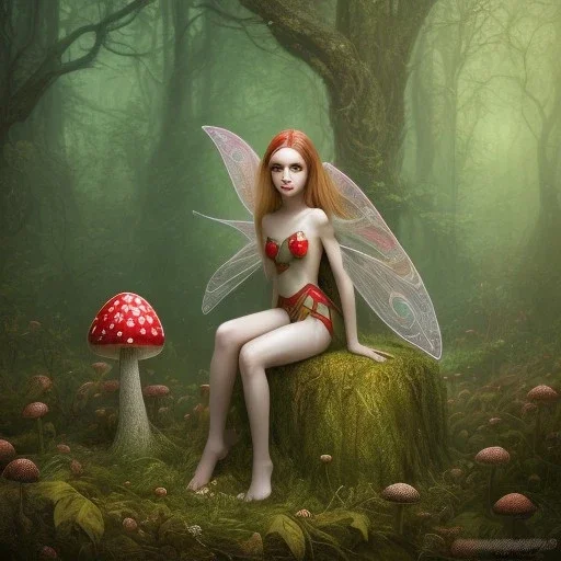 A portrait of a Little fairy woman with green skin and red long hair, sitting under the large Amanita muscaria mushroom in the magic forest, concept art, dark fantasy style, dark and spook, illustration, digital art, d&d, very cute,Masterpiece, best quality, sharp line, sharp focus, rear view : digital painting extremely detailed fantasy beautiful award winning high definition colourful very cute ,correct ai auto settings.