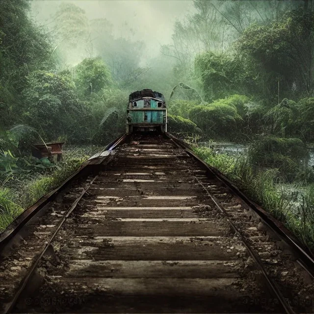 an abandoned train on tracks overgrown by nature with large puddles of water flooding part of tracks, 8k resolution, high-quality, fine-detail, intricate, digital art, detailed matte, volumetric lighting, illustration, 3D octane render, brian froud, howard lyon, selina french, anna dittmann, annie stokes, lisa parker, greg rutowski