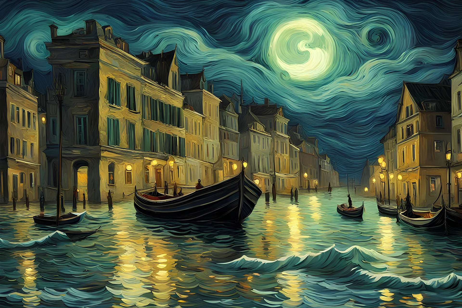 Oceanscape , moonlight, bright, waves, old buildings, reflections, street lights, people on lit boats, digital painting in style of Van Gogh