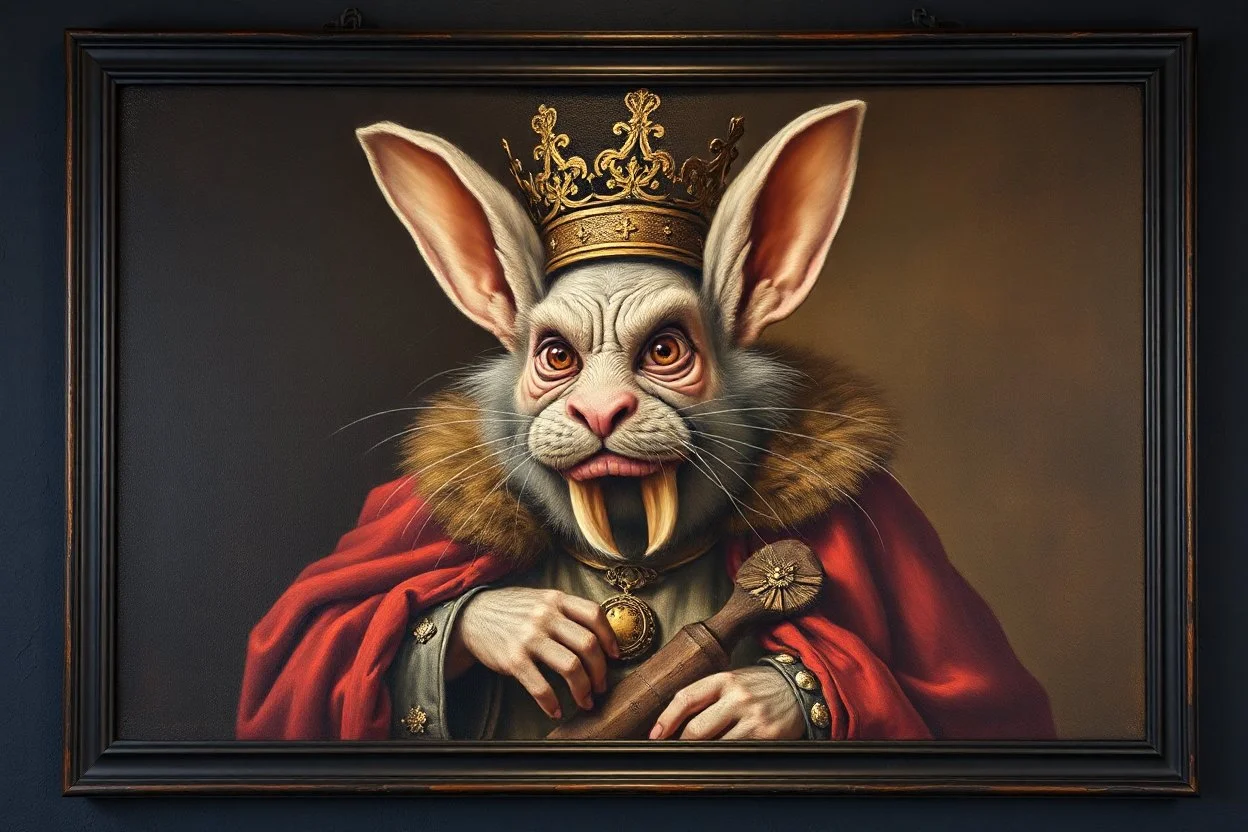 king troll mouse rabbit in style of Rembrandt and Fallout 4, with motion blur, all on a painting on wall with black wooden frame and with black wall background
