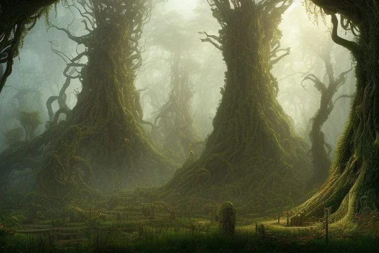 a beautiful and highly detailed matte painting of a wooden elven temple in a magical fantasy garden in a lush forest, celtic knots, ancient runes, knotted trees, tangled vines, intricate details, epic scale, insanely complex, 8k, sharp focus, hyperrealism, very realistic, by caspar friedrich, albert bierstadt, james gurney, brian froud