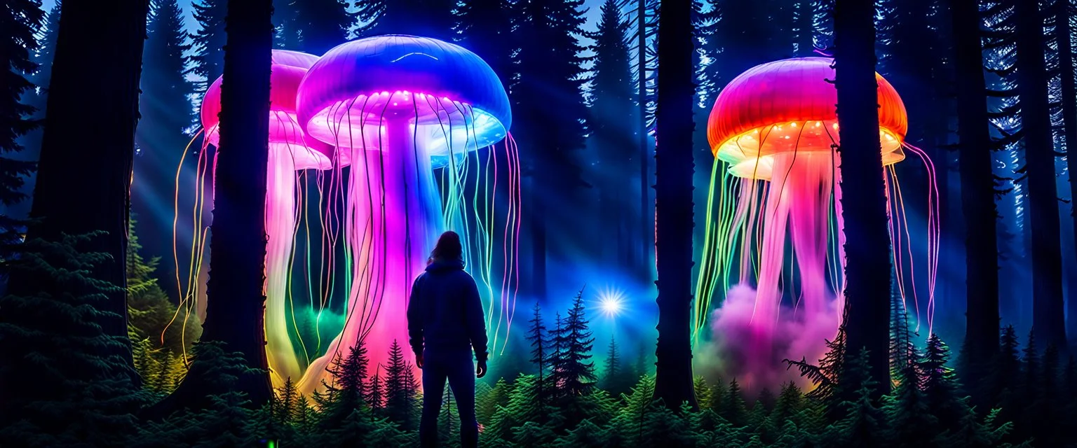 Bigfoot epidemiologist investigating, giant bio luminous Rainbow floating high JellyFish, closeup, light floating in a forest, mist, light trails, nighttime, long exposure, Treeline, Alberta, scientist, Dystopian, Hyper detailed, Realistic, Extreme depth of field, bokeh blur, Alberta all-natural, National Geographic, in the style of candid, imperfection, natural lighting, cinematic, Fuji Film, Anamorphic lens, 2040s, --ar 4:5 --w 150 --style ra