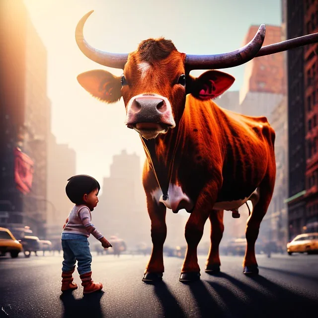 A one-year-old boy rides on the cow in the middle of a busy street in new york. photographic, bright colors and sunset, fantasy art, Anna Dittmann, digital painting, dan mumford, oil on canvas, jeff koons, akihito yoshida, wlop, kodachrome.