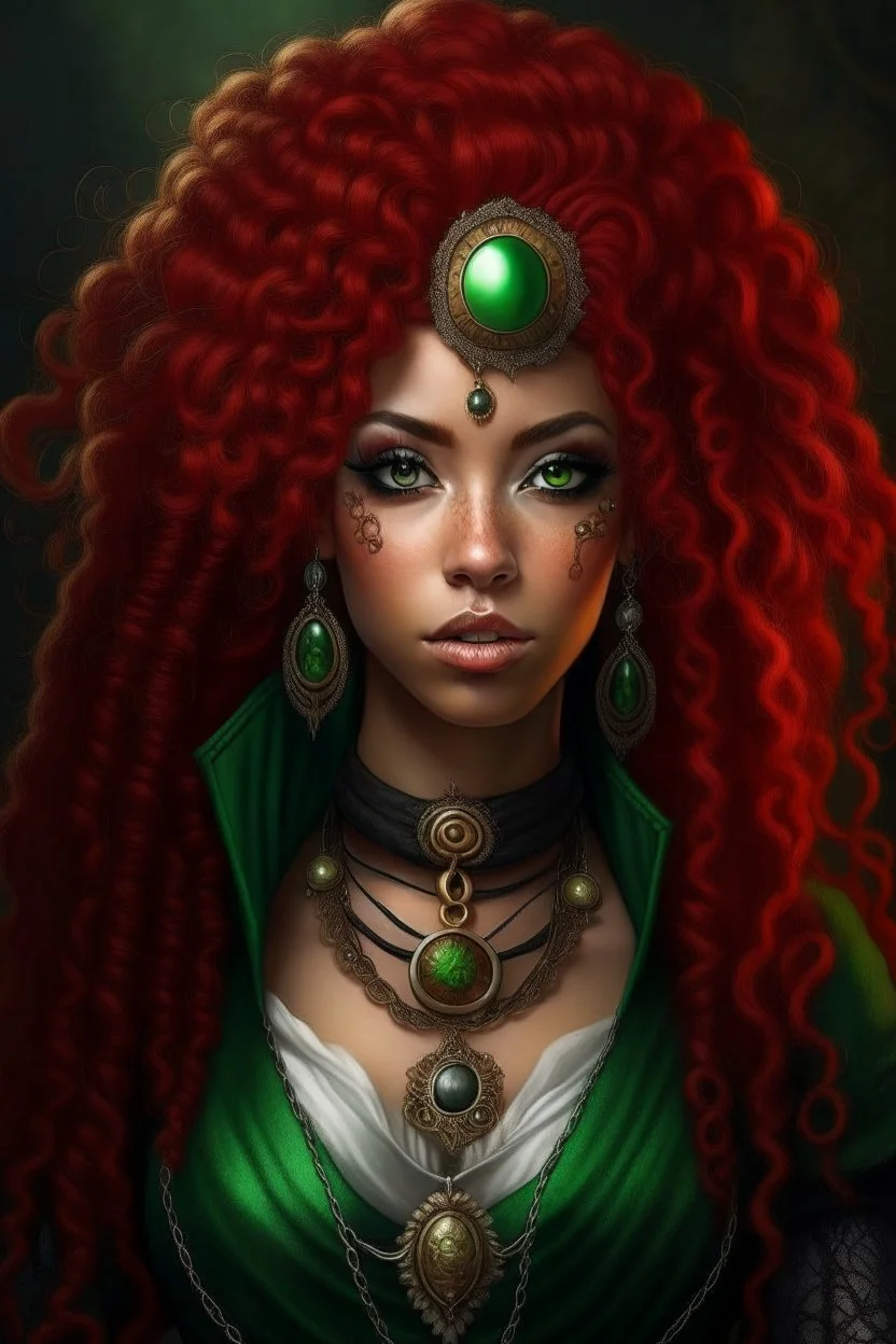 26-year-old mulatto sorceress, green eyes, wavy blood red hair, dressed in steampunk style