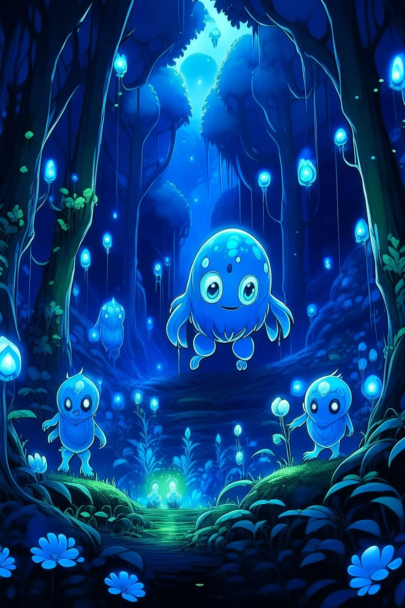 At night, the Forest Spirit transforms into the Night Walker or Daidarabotchi, a towering, translucent, and more abstract figure that glows with a blue light. In this form, the spirit's steps cause the vegetation to grow and wilt, highlighting its role as a giver and taker of life. Glowing floating flowery balls represent the essence of the forest