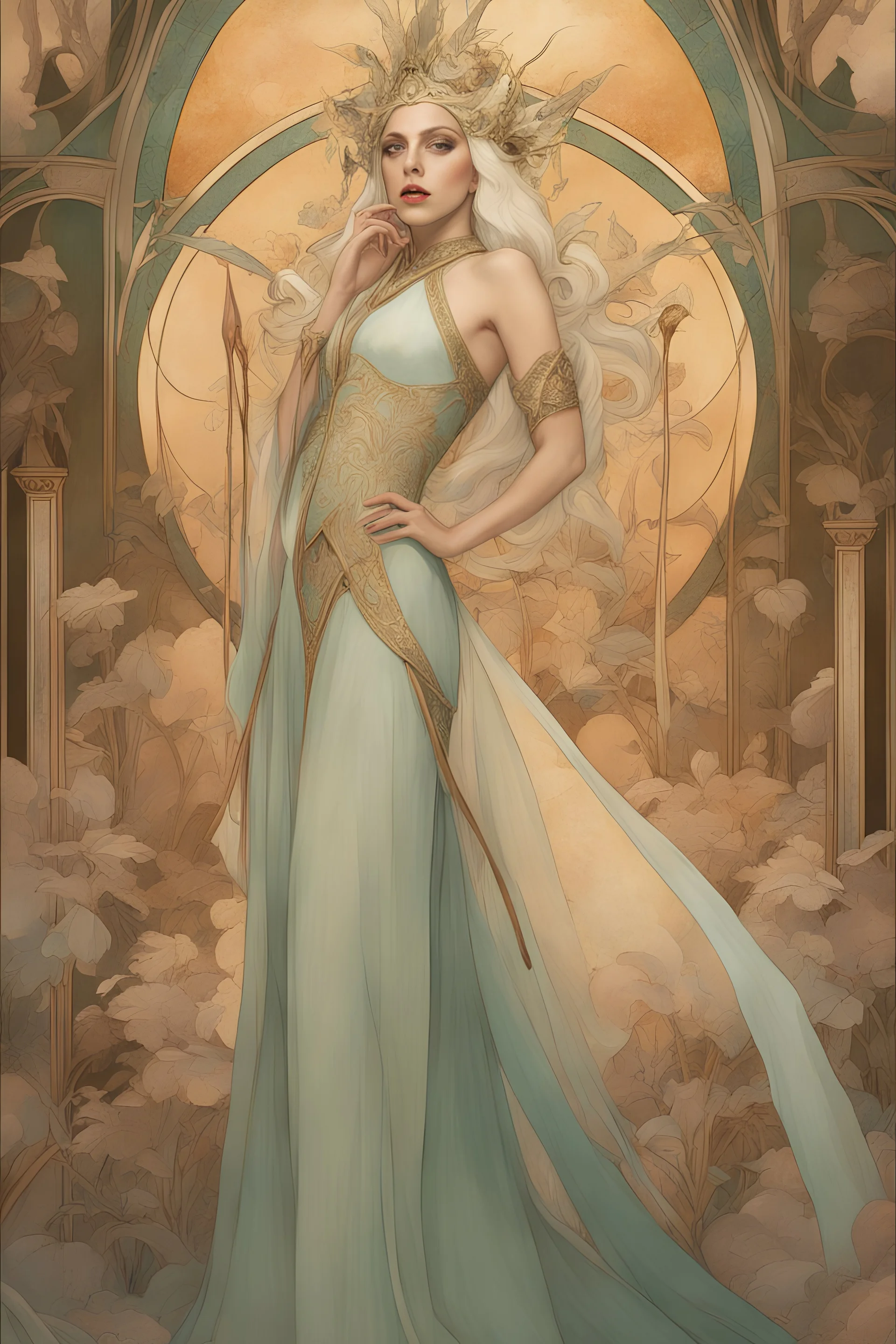 art by Alfons Mucha, Lady Gaga as an elf princess in an elven kingdom, HD 4K