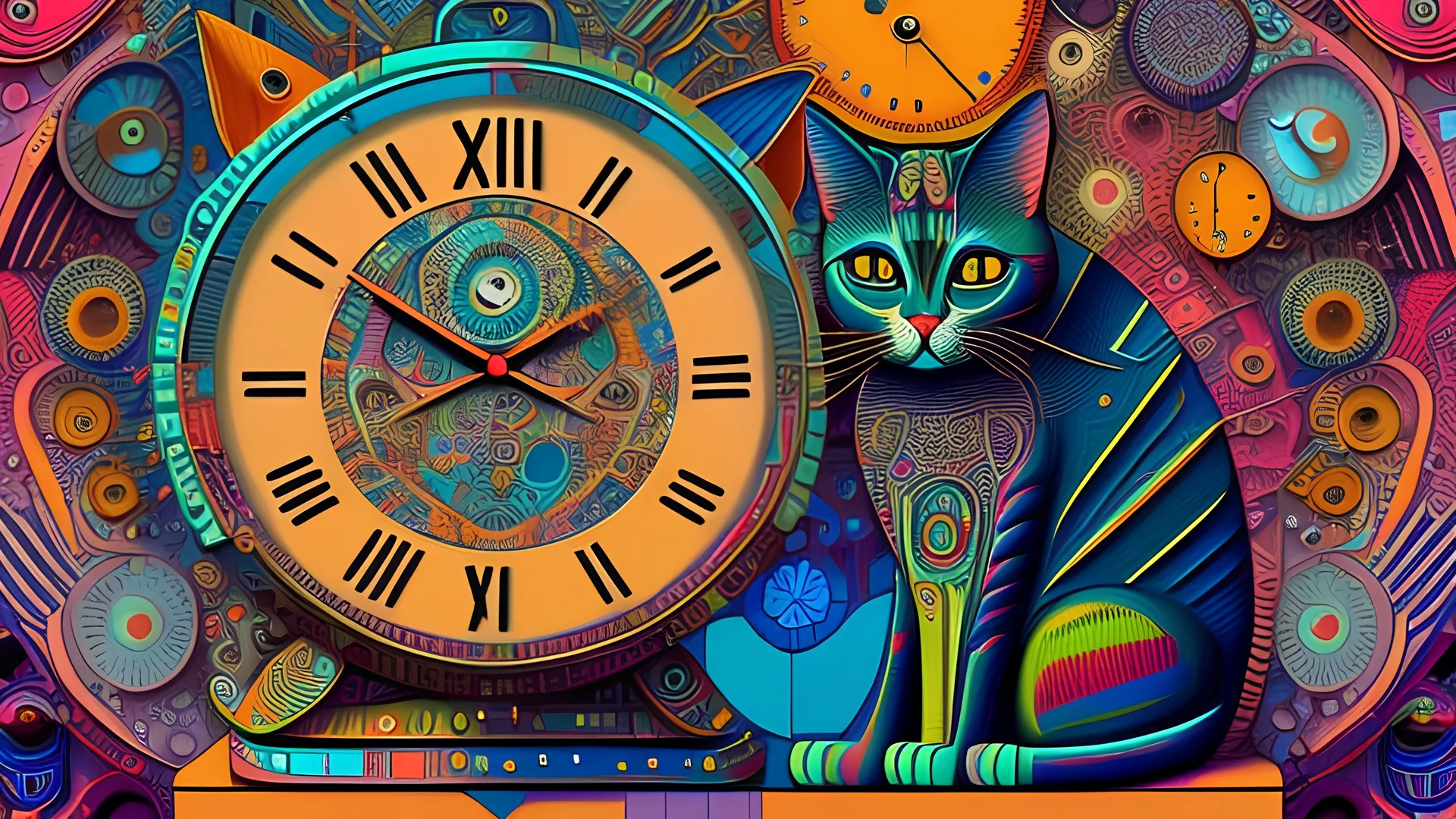 A Cat That Is Sitting On Top Of A Clock, Android Jones And Chris Dyer, Behance. Polished, Inspired By Eduardo Paolozzi, Hypereuphoria, Remix By Ballaberg