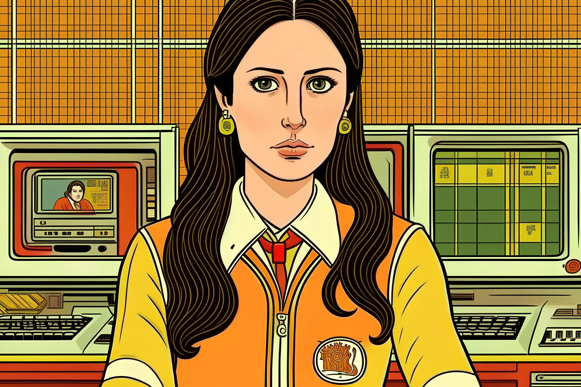 Wes Anderson cartoon of a darkhaired woman who loves computer science, social media, feminism and Liverpool F.C.