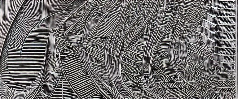 line drawing, of a beautiful realistic graceful dancing woman, made exclusively of music symbols, background is horizontal parallel lines like staffs and piano keys at bottom, symbols are discernible, overall exquisitely detailed, elegant, extremely intricate, high definition, dope, innovative, line art, contemporary art, fractal pencil drawing,