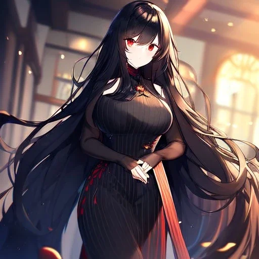 Clear focus, high resolution, black long fluffy hair, red eyes, wearing a detailed outfit