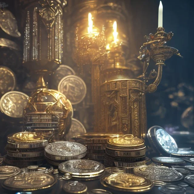 dynamic lighting, Intricately detailed, Splash screen art, deep color, Unreal Engine, volumetric lighting, silver coins, gold coins, silver treasure, stacked coins, indoors, candle, altar, black table, sigil,