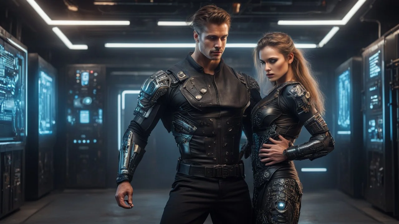 Hyper Realistic Young handsome muscular man with a soul patch wearing a skintight black long sleeve shirt cybernetic armor utility belt has weapons on it dancing with a beautiful-lady wearing-circuit-patterned-gown in an underground control room with cinematic & dramatic ambiance"