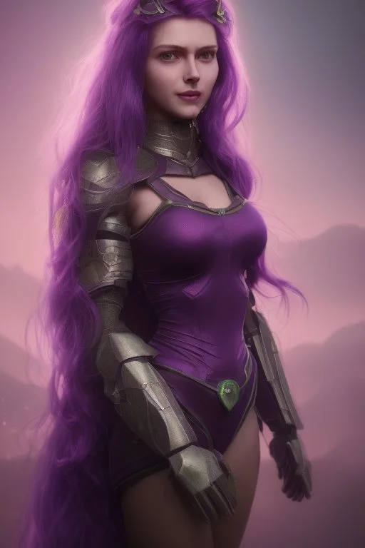 Super pretty mature woman, long purple hair, good body, big bubs, perfect purple eyes, smile, light green armor, tiara, purple fire behind, darkness background.