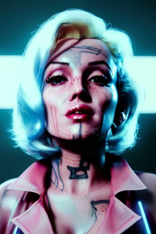 Ultra Realistic image, portrait, blonde woman, sweet Marylin Monroe face, perfect iris, glow eyes, makeup. Cyberpunk style, oversized transparent latex coat, yakuza tattoos. fog, rain, soft color, highly detailed, unreal engine 5, ray tracing, RTX, lumen lighting, ultra detail, volumetric lighting, 3d, finely drawn, high definition, high resolution.