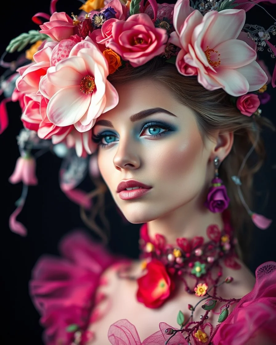 Gorgeous Realistic Photography Camera Lens soft blur Pretty European Supermodel as Beautiful Fairytale, a stunning beautiful women adorned in vibrant carnival attire, ethereal beauty, black background, with swirling colors and fantastical tiny flowers, enchantment and grace, twisted vines, whimsical, surreal landscapes, emotive style, dreamlike quality, and magical realism, carnival red, ethereal pink, whimsical blue, vibrant green, celestial purple, golden amber, and shimmering silver