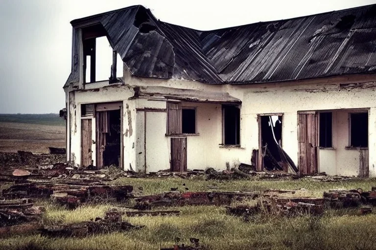 Old farmhouse, wasteland, storm, ruins, rain, craters, stumps