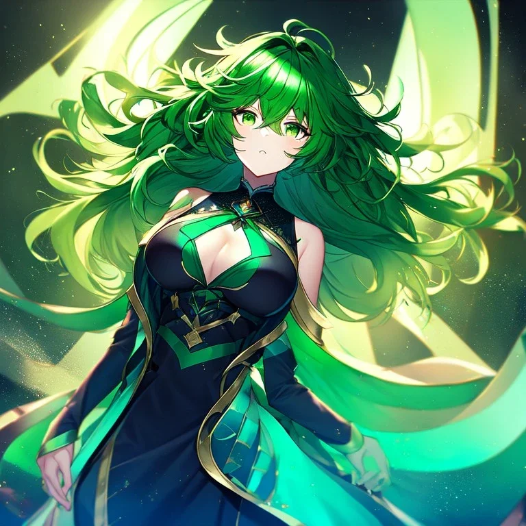 girl, masterpiece, best quality, volumetric lighting, dynamic pose, detailed outfit, perfect eyes, green hair, green eyes, messy hair, hair in between the eyes,