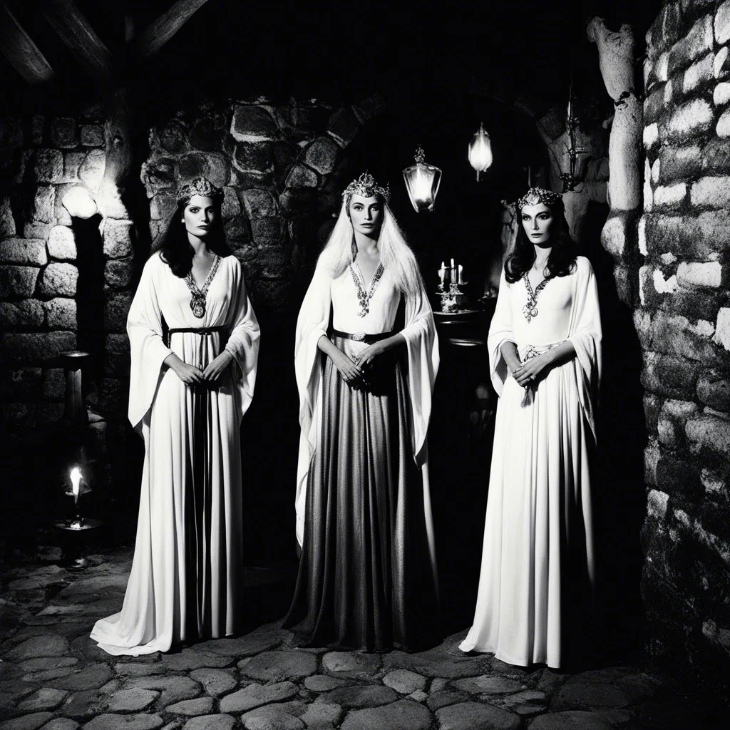 three sorceresses [high res photo of three women by Helmut Newton] in the flickering torchlight of the medieval tavern, three enchanting sorceresses stood side by side, their mystical auras shimmering with an otherworldly allure. Clad in flowing robes that accentuated their every movement, they exuded an air of command that silenced the rowdy patrons. Each of them possessed an undeniable presence, their gazes cutting through the haze of smoke and ale, demanding respect.