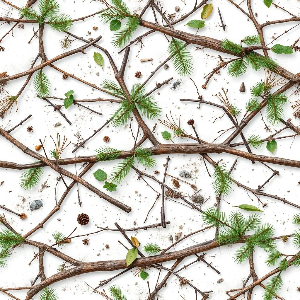 Real Tree Camouflage made of sticks, twigs, leaves, pine branches, snow and dirt, white background, seamless repeatable texture pattern imitating a natural forest background