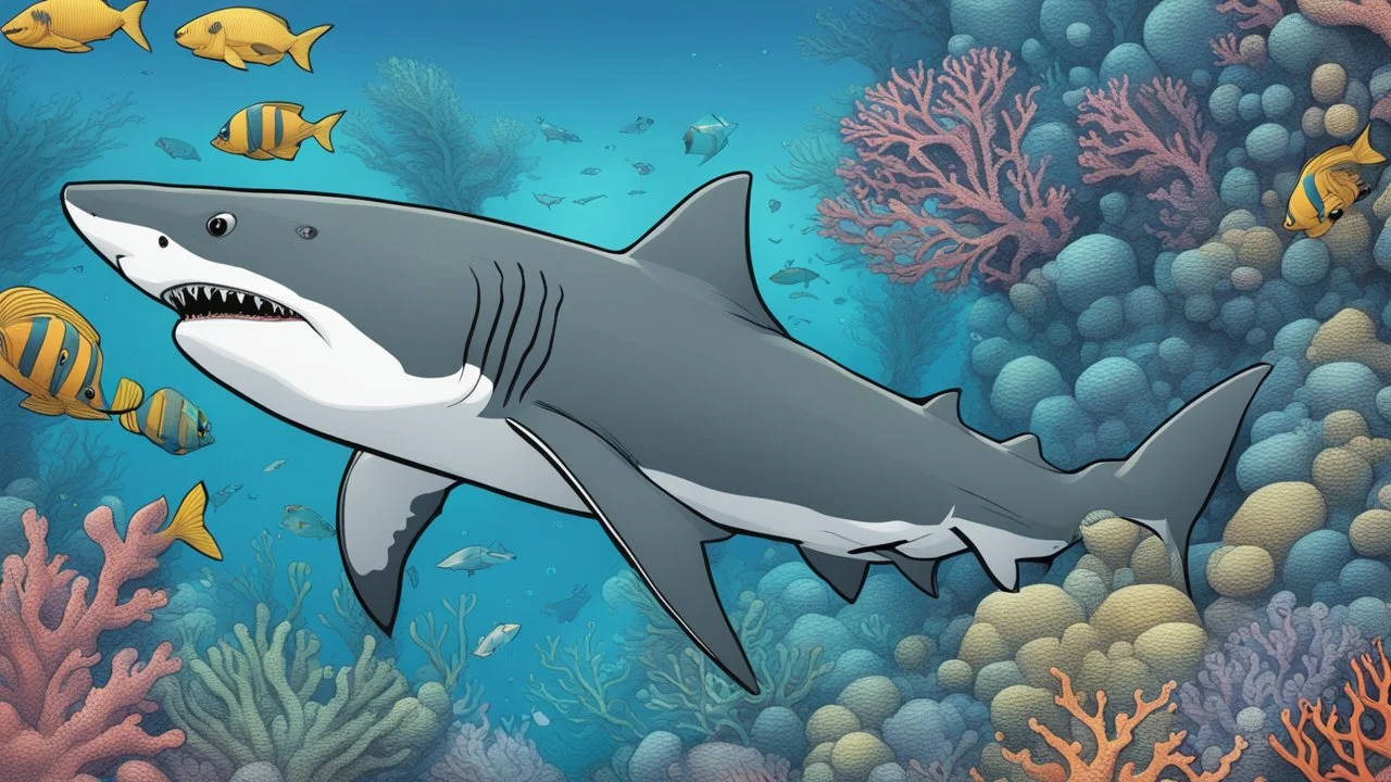 comic style, realistic coloring, underwater, coral reef, shark