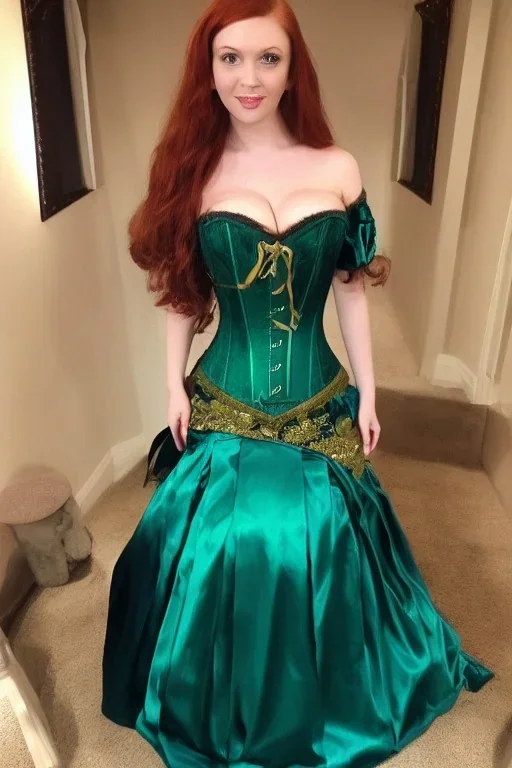 Busty princess full body with long auburn hair green eyes wearing a big dark teal green and gold satin ballgown corset off shoulder top at night