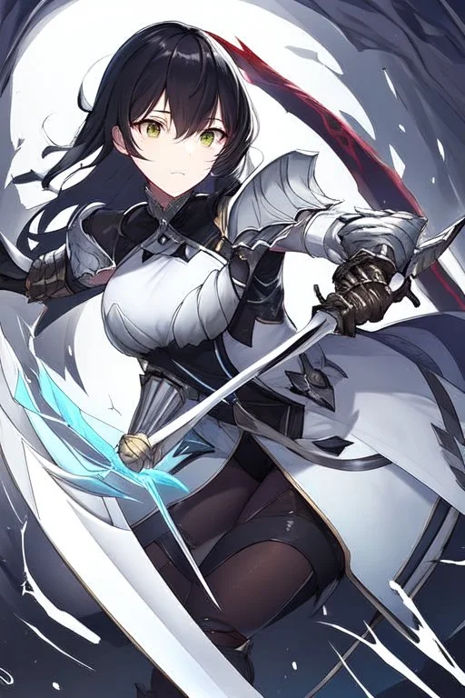 Anime girl with short black hair and sharp green eyes holding a spear, black and white metal armour,