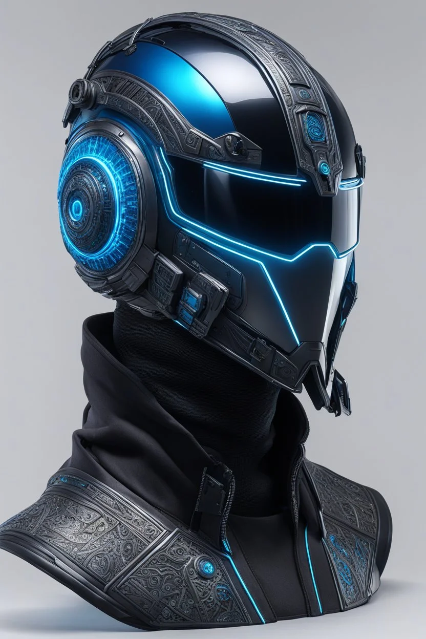 Someone wears a black glass Cyberpunk helmet , full helmet cover , Changshan costume, black and blue color, cyberpunk drawing style, neon, full body, intricate details, highly detailed, high details, detailed portrait, masterpiece,ultra detailed, ultra quality