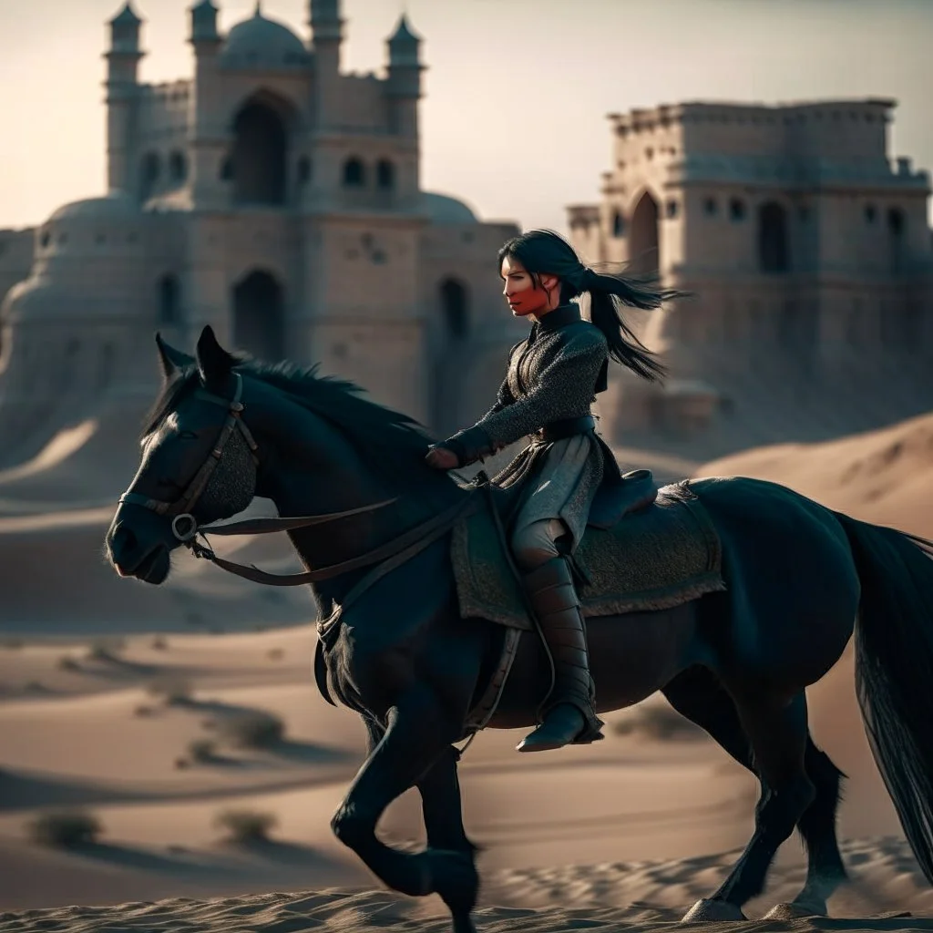 woman riding black stallion in castle in the desert, photo-realistic, shot on Hasselblad h6d-400c, zeiss prime lens, bokeh like f/0.8, tilt-shift lens 8k, high detail, smooth render, down-light, unreal engine, downlight