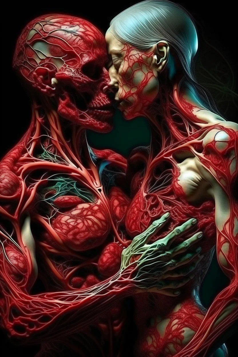 cinematic gore photorealistic fleshy dmt lsd photo of 2 bodies making love, 1 male 1 female, 1 soul, complementary, anatomically fragmented, ripped apart again being flayed, skinned alive. A beating heart, muscles, blood vessels, bowels, entrails are exposed. anatomy. physiology. astrology. astronomy. hallucinations. mythology. grotesque.