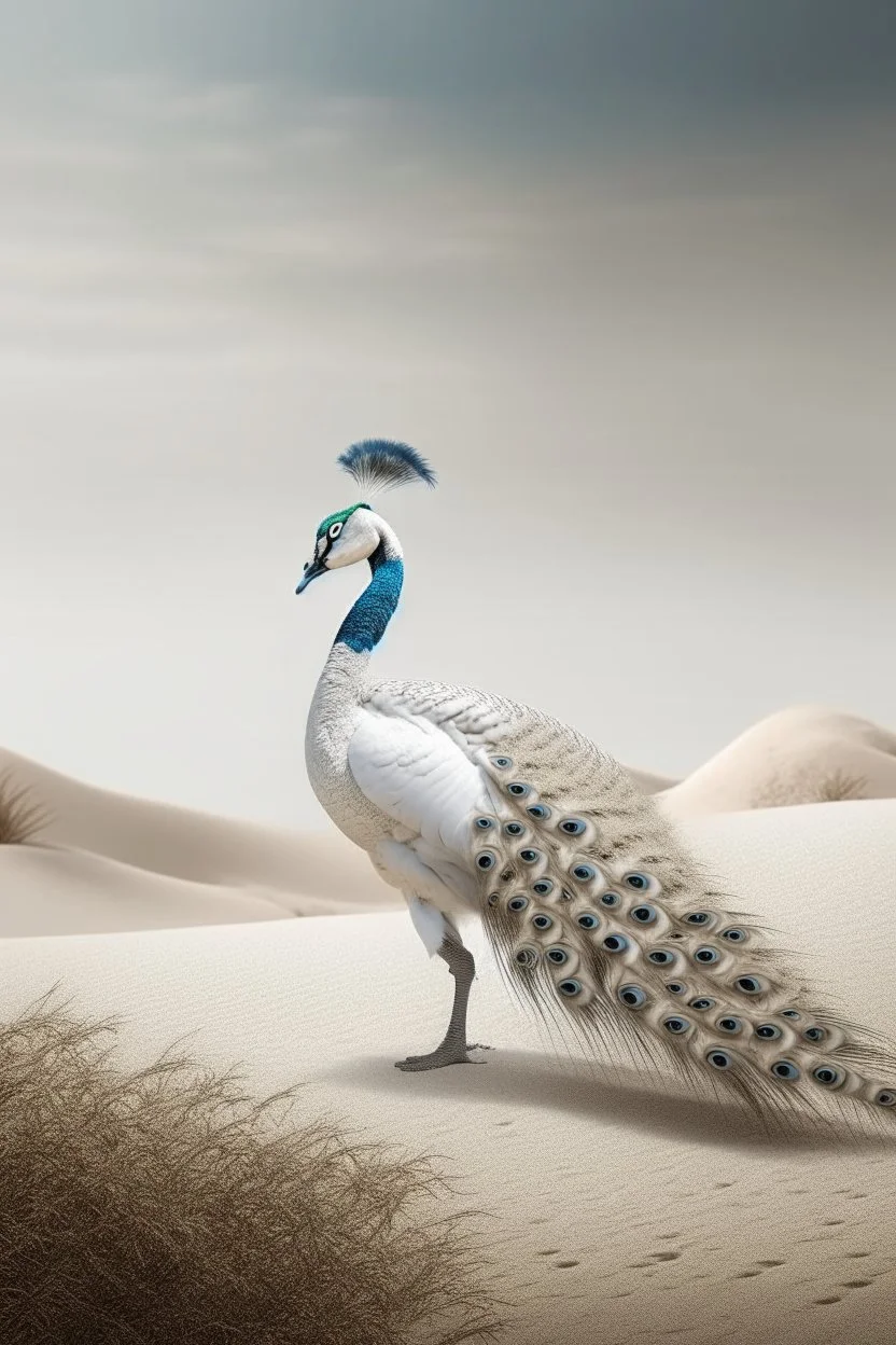 All white textured peacock in a background desert