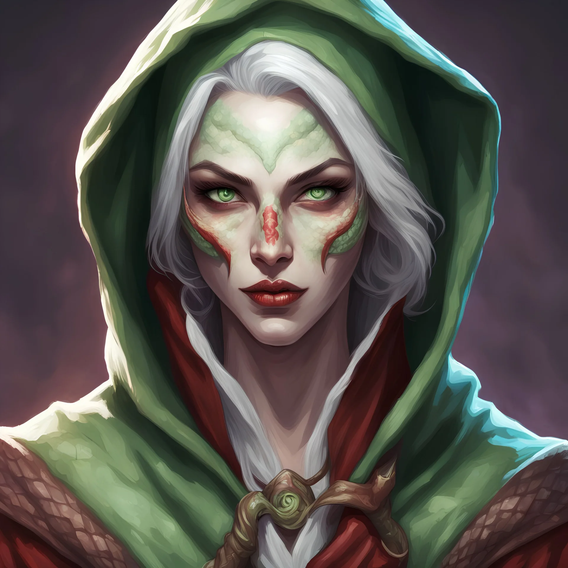 generate a dungeons and dragons character portrait of a female serpent person rouge thief who has green scales on her pale skin, a snake tongue. She is wearing a hooded robe. Make her snake like tongue visible. Make her look evil.