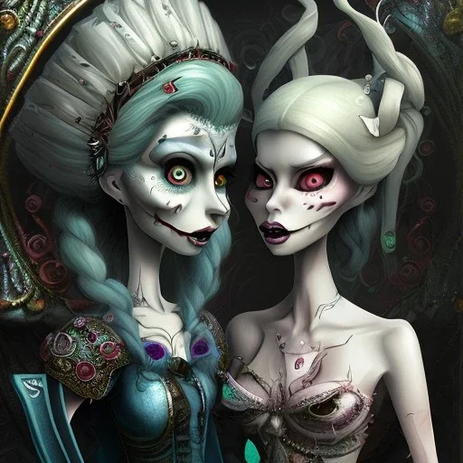 extrem tim burton style of the evil stepsisters, sharp focus, photorealistic eyes