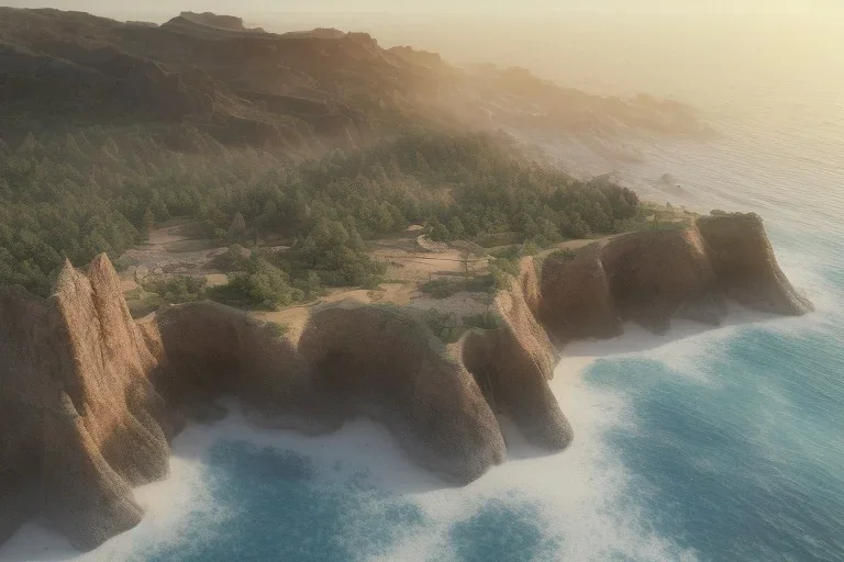 low-angle shot of a Craggy cliffside overlooking a sandy beach, fantasy, mystical