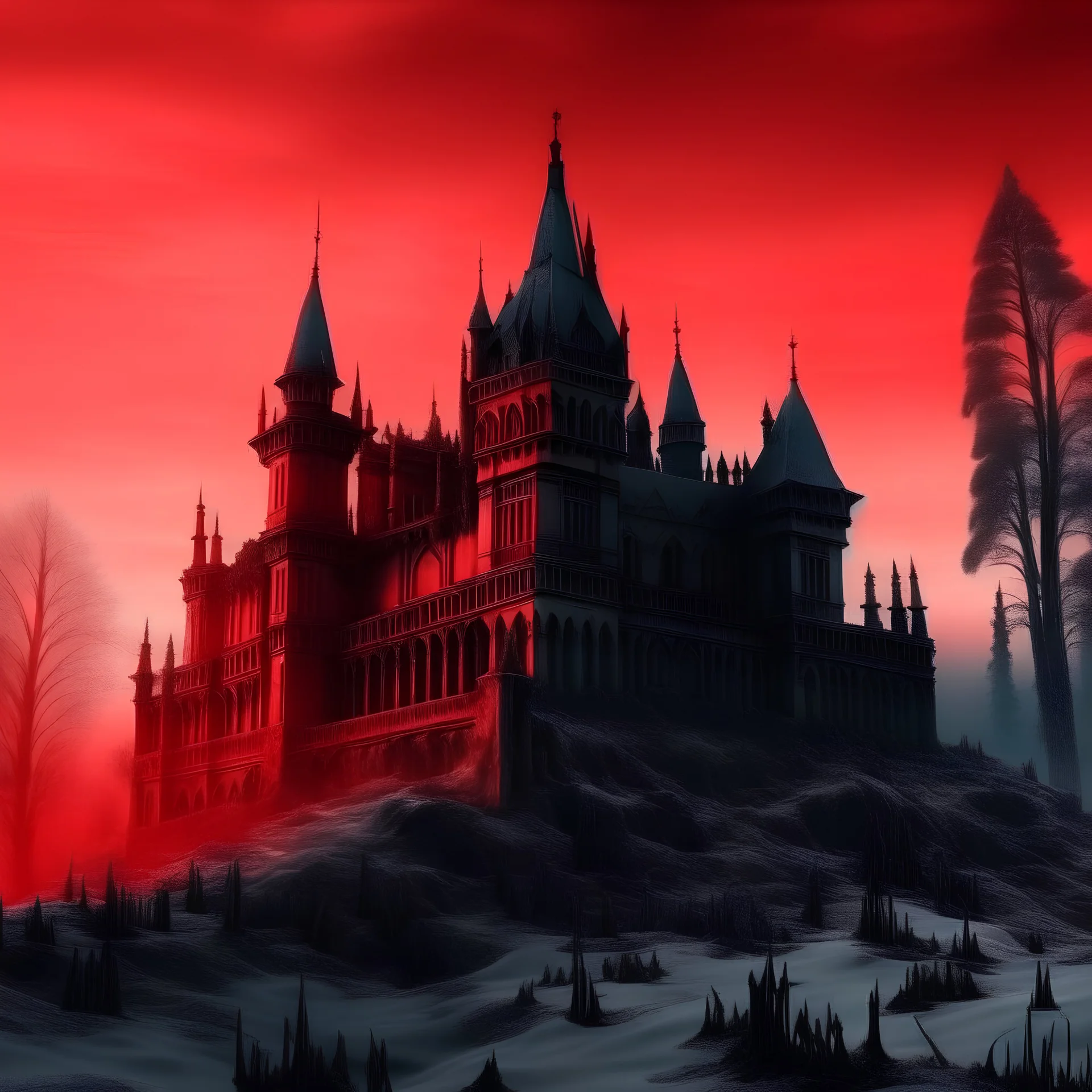 frozen Gothic dark fantasy castle with Red sky. A graveyard in the front