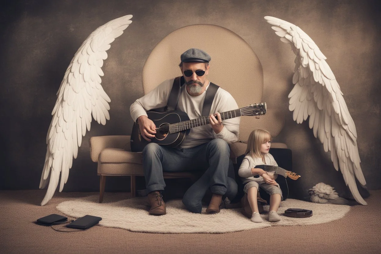 An angel handsome man with a very very!!! short, grey beard and moustache and a grey beret, with round black sunglasses and a shining halo plays guitar, in front of him a 7-year-old girl with blonde-brown hair is listening with her head propped on her elbow on a carpet, ethereal, heavenly, otherwordly, cinematic postprocessing, shading pastel and charcoal in sunshine, watercolor