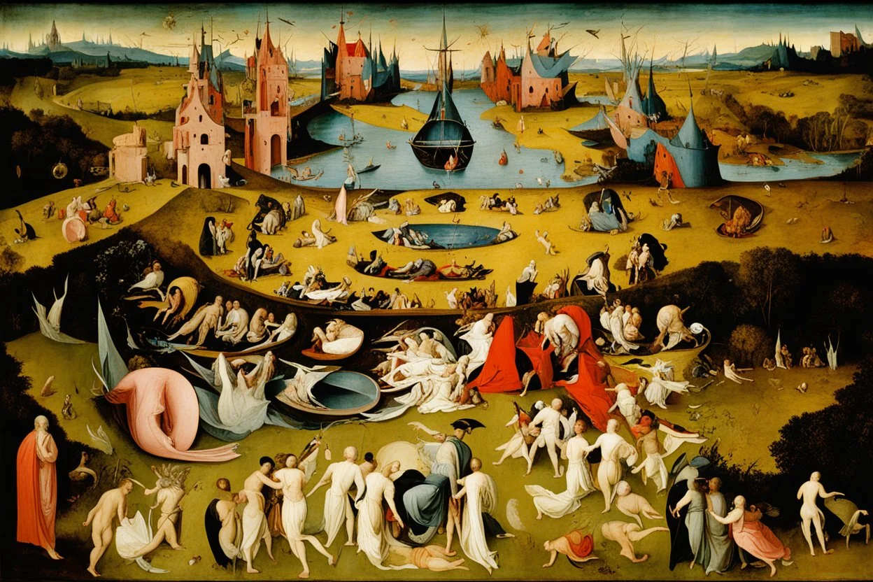 View of Elysium with dark female flying around over people running away in fear, creatures crawling, Hieronymus Bosch