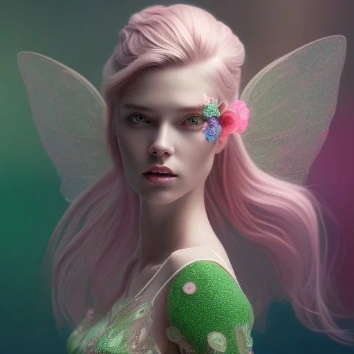 fairy, pink, green, beautiful, hyperrealism, masterpiece, expert, cinematic lighting, sharp focus, 8K, pastel, macro lens, woman, detailed, flower