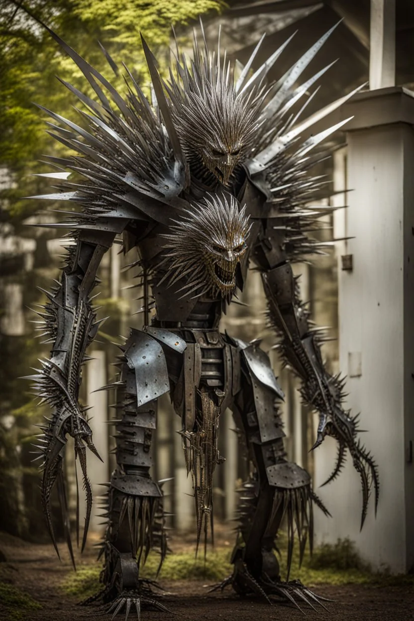 A sinister humanoid creature made entirely of sharpened metal blades and spikes stands before a mechanical tree Photograph.
