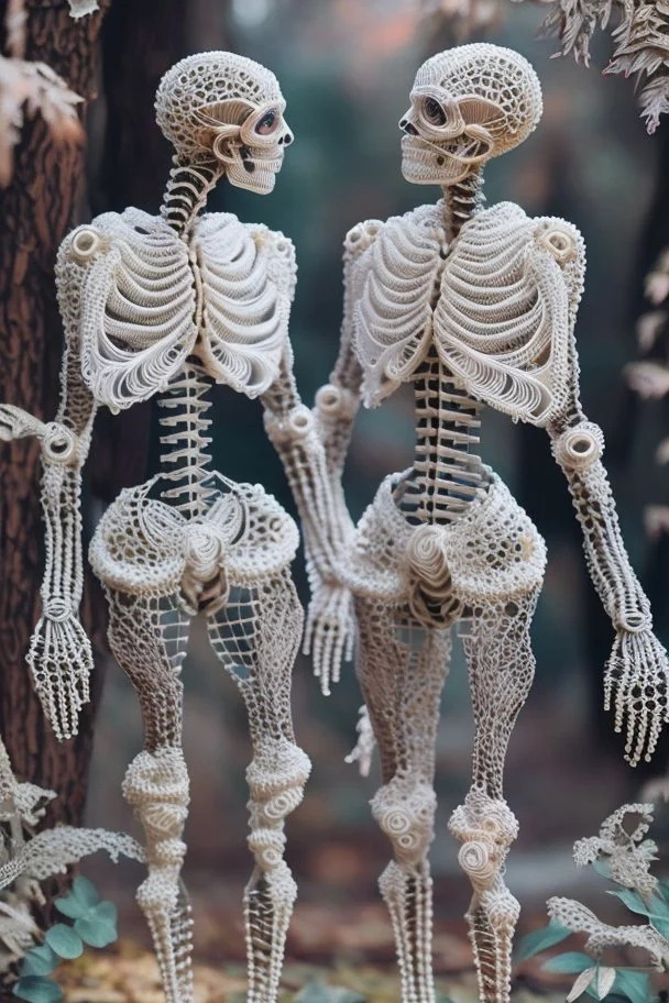 Blurry binary ascii skeleton ghosts dressed in intricately detailed designer suits made from macrame and quilling found in nature. Negative Prompt