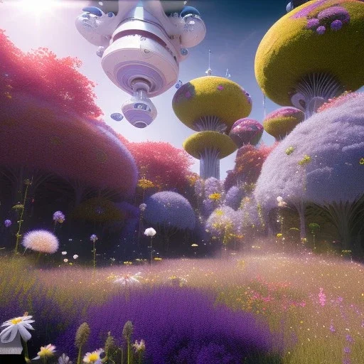 Spaceship landed on meadow, sunny day. clear blue sky, cascade, flowers. Elegant. Extremely detailed. Award winning photography. Fantasy. 8k. Cinematic lighting. Photorealistic. Dynamic lighting. Imperial colors. Crisp quality. Unreal Engine. Colourful cinematic postprocessing. Pixar. VRay.