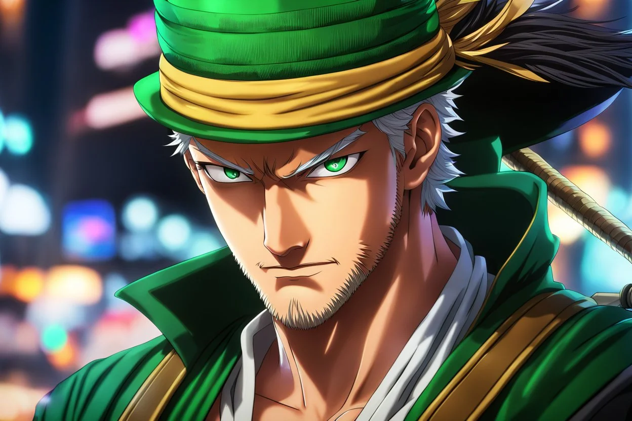 Zoro in 8k 2D anime realistic drawing style, Zoro costum, close picture, fantasy, neon, highly detailed, high details, detailed portrait, masterpiece,ultra detailed, ultra quality