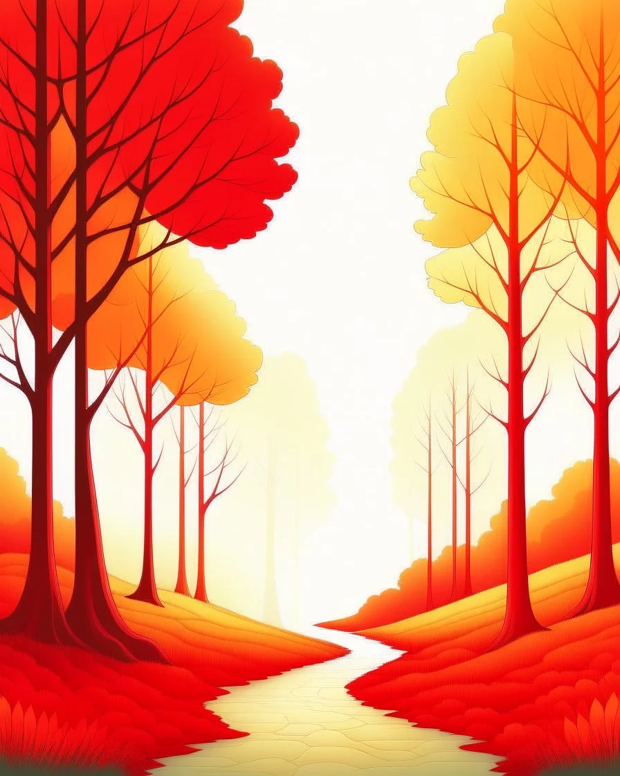 Coloring pages: A tranquil forest scene with vibrant autumn colors. The image should depict a pathway meandering through the woods, surrounded by trees adorned in shades of red, orange, and yellow leaves. Sunlight filters through the branches, casting a soft glow on the path, creating a soothing atmosphere that encourages readers to find solace in nature.